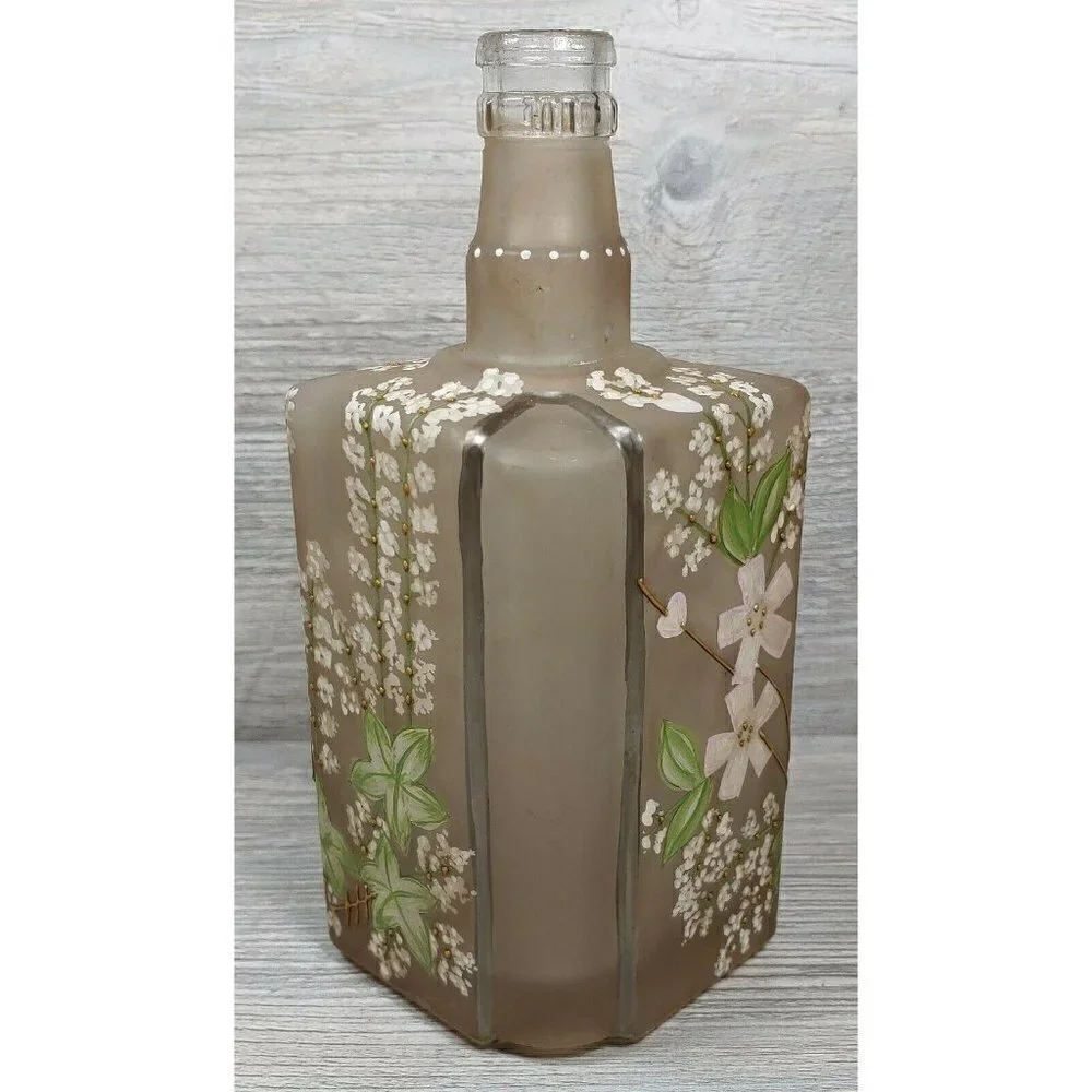 Japanese Glass Decanter Bottle Hand Painted Cherry Blossom Floral Design Vintage